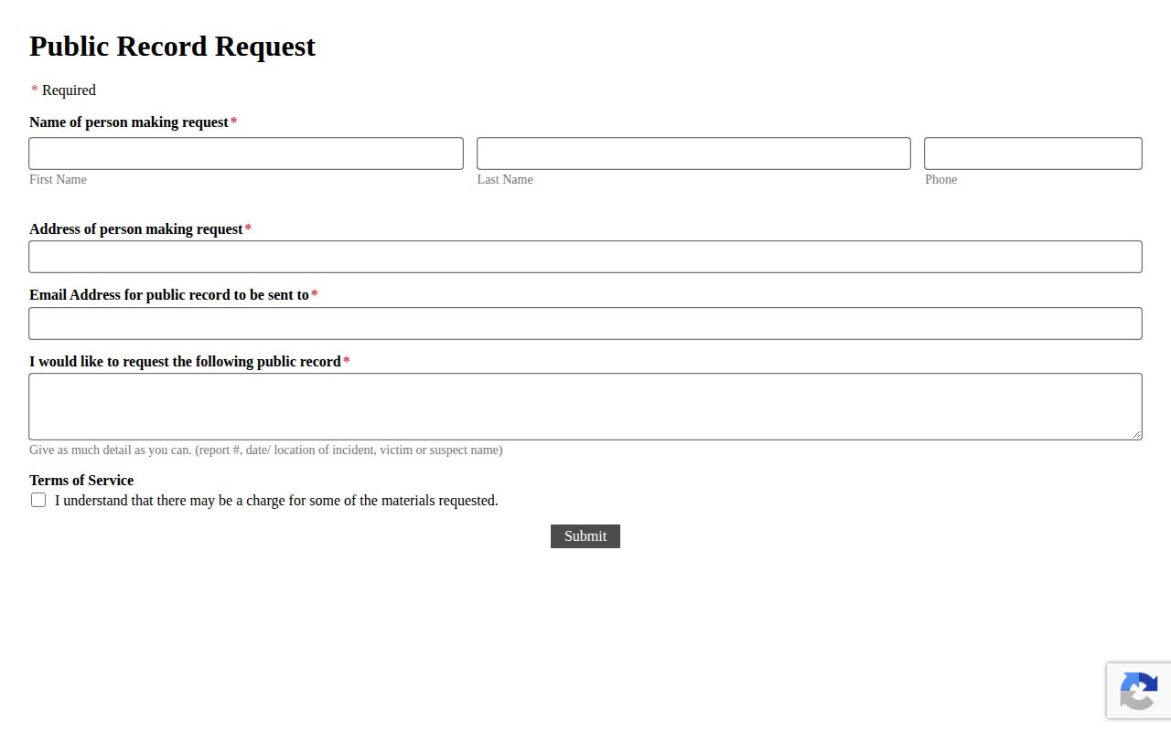 Gallia County booking-record request form
