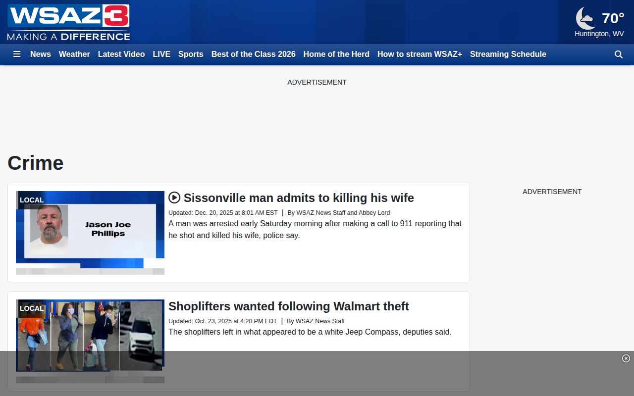 WSAZ regional crime news section used as a Gallia County news source